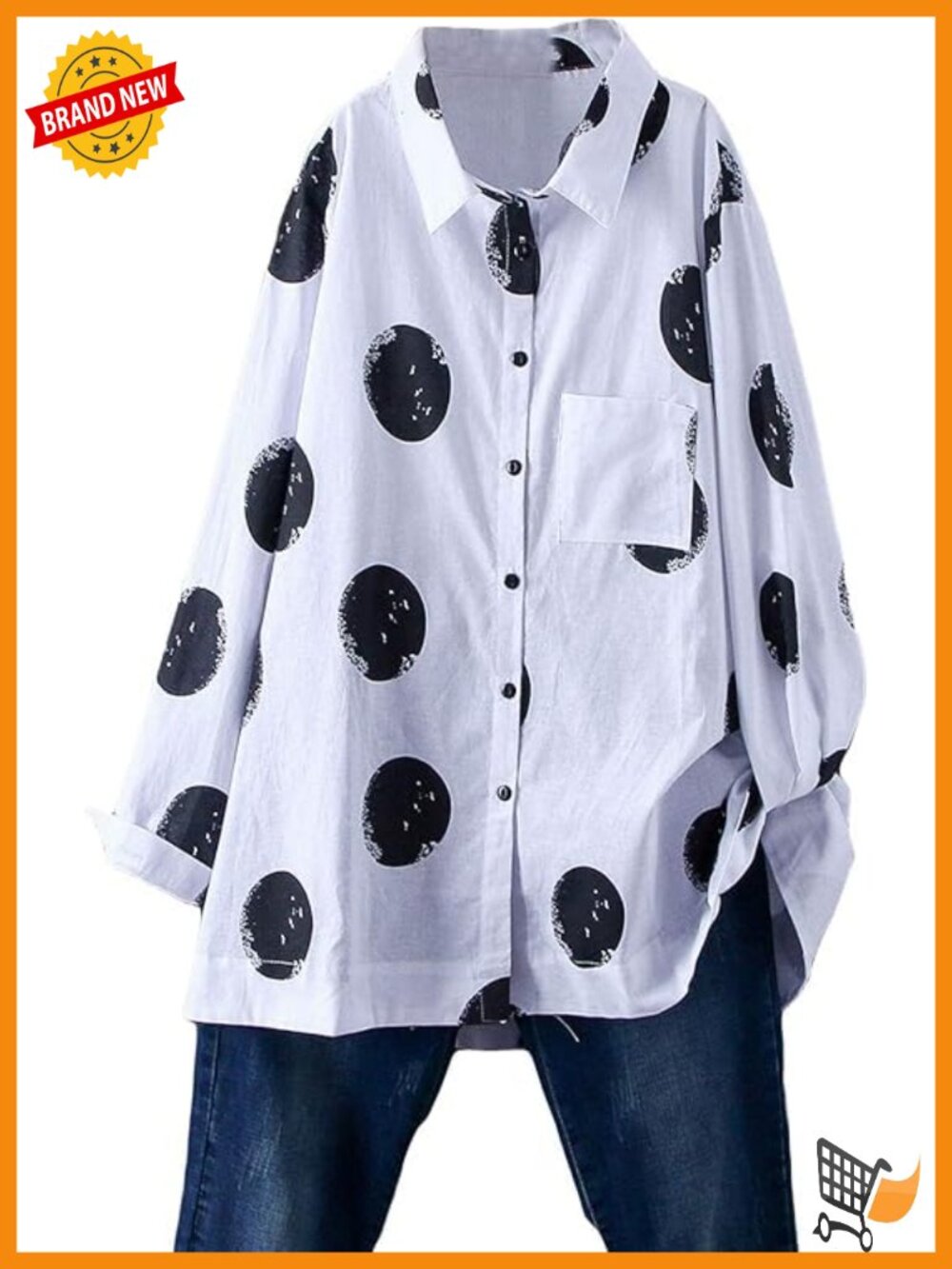 Polka Dot Tunic Blouse Button Down Long Sleeve Cotton Shirt